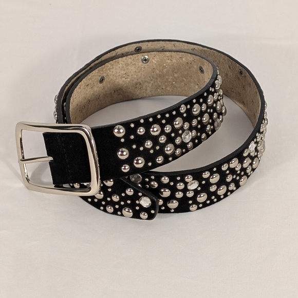 Genuine Suede Leather Studded Black Belt with Rhinestones Size Large (42") - Picture 1 of 11